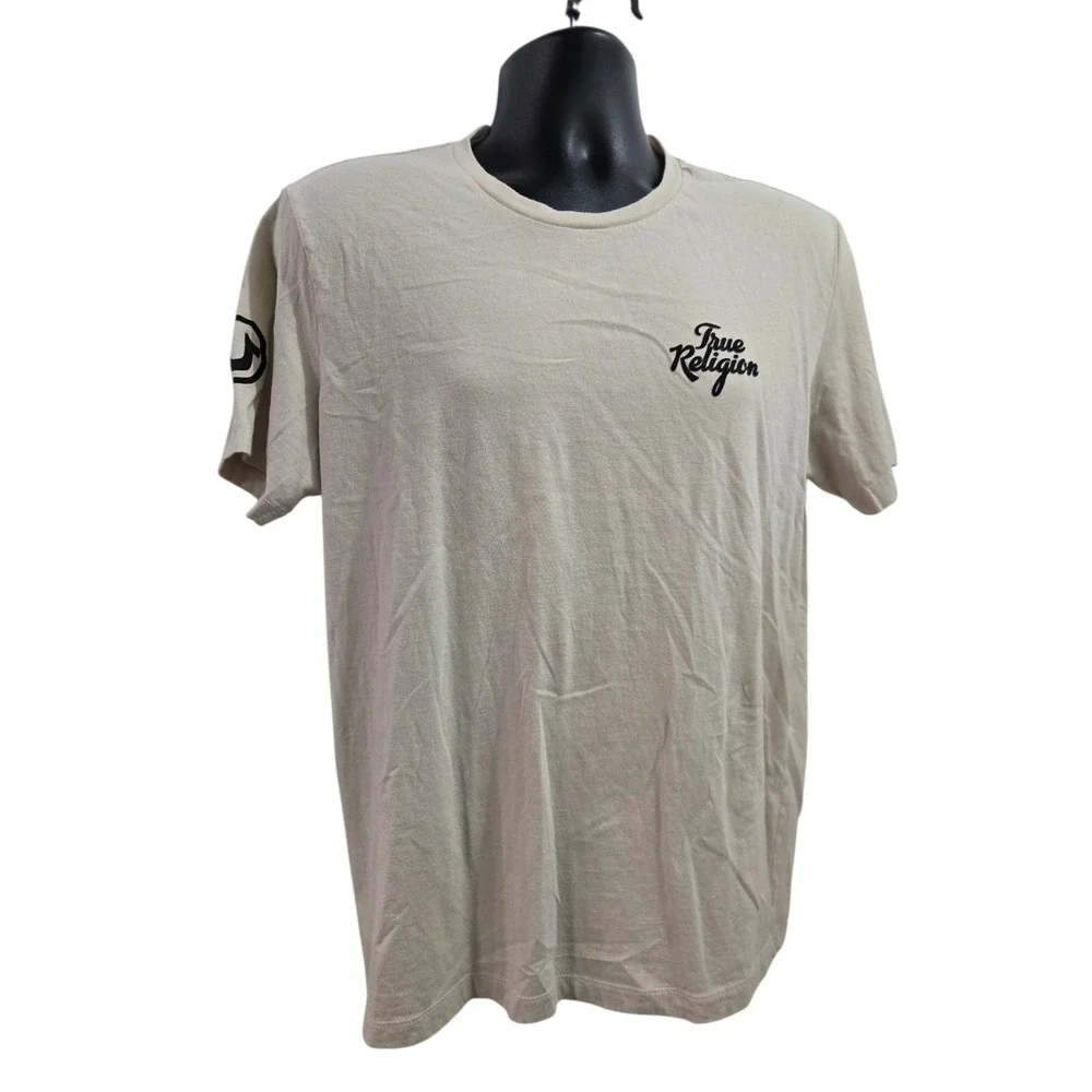 True Religion Men's XL Beige T-Shirt Buddha Guitar Graphic Horseshoe Sleeve Logo